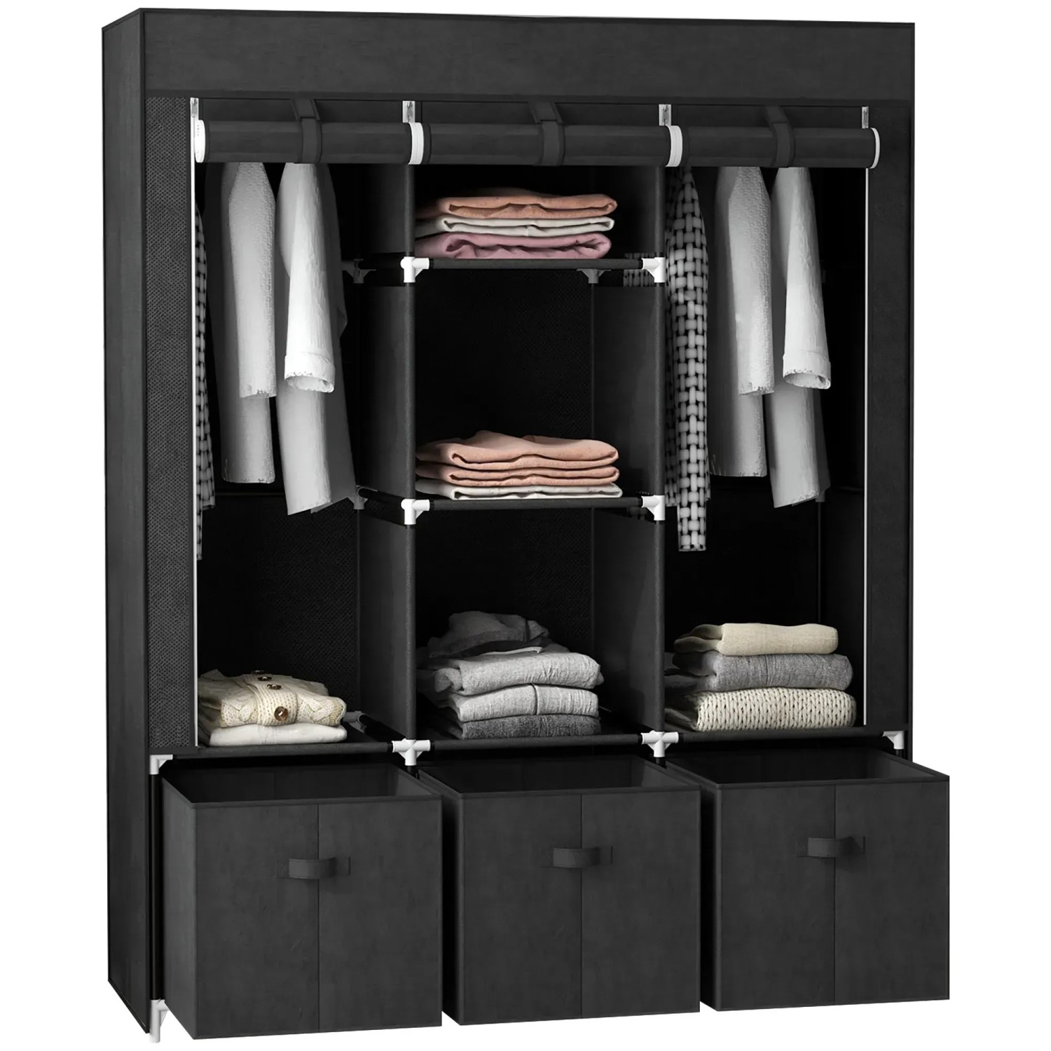 HOMCOM Stoffschrank Kleiderschrank mit Kleiderstange, Schubladen, Reißverschluss (Faltbare Garderobe, 1-St., Faltschrank) Schwarz, 125 x 43 x 162,5 cm