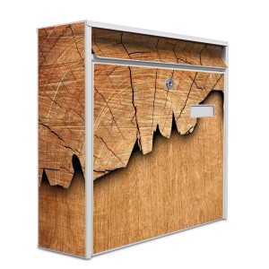 Weißer Banjado Briefkasten mit Holz-Motiv, inkl. Montagematerial und zwei Schlüsseln.