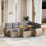 Beige 8-tlg. vidaXL Garten-Sofagarnitur aus Rattan mit Tisch und hellgrauen Kissen.