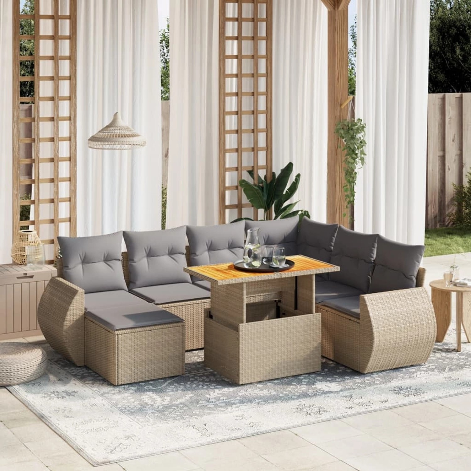 Beige 8-tlg. vidaXL Garten-Sofagarnitur aus Rattan mit Tisch und hellgrauen Kissen.