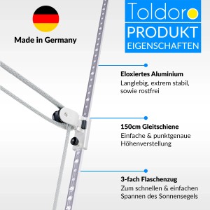 Toldoro Höheneinstellung Set für Sonnensegel mit Schiene, Seilzug und Zubehör zur flexiblen Neigungseinstellung.