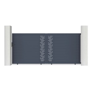Graues Casanoov Schiebetor Arlberg, 4 m breit, mit zwei Pfosten. Gartentor aus Aluminium mit horizontalen Linien.