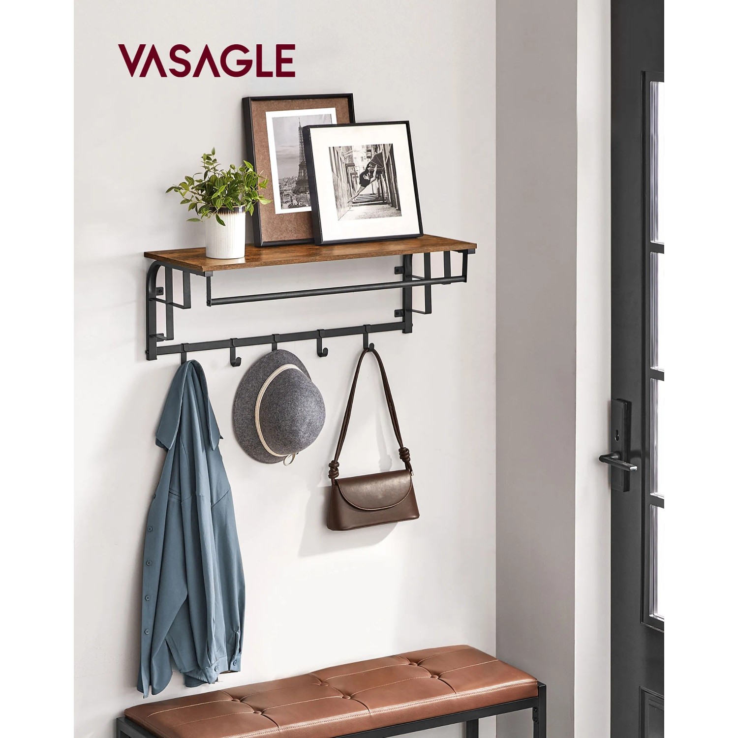 Songmics Wandgarderobe Barnet-old mit Ablage, 5 Haken, braun-schwarz. Garderobe im Industrie-Design.