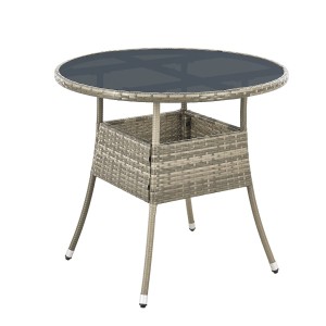 Runder, grauer Juskys Gartentisch Yoro aus Polyrattan mit Glasplatte, 80 cm Durchmesser.