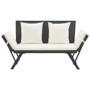 Schwarze furnicato Gartenbank aus Poly Rattan mit Auflagen und Kissen, 176 cm breit.