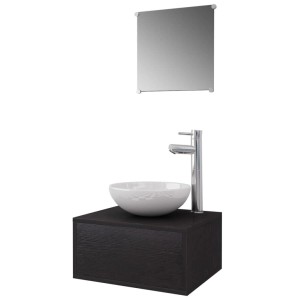 vidaXL Badmöbel-Set, 4-teilig, mit Waschbecken, Wasserhahn und Spiegel, schwarz. Modernes Design für Ihr Badezimmer.