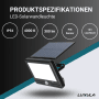 Schwarze LUXULA LED Solar Wandleuchte mit Bewegungsmelder und separatem Solarpanel.