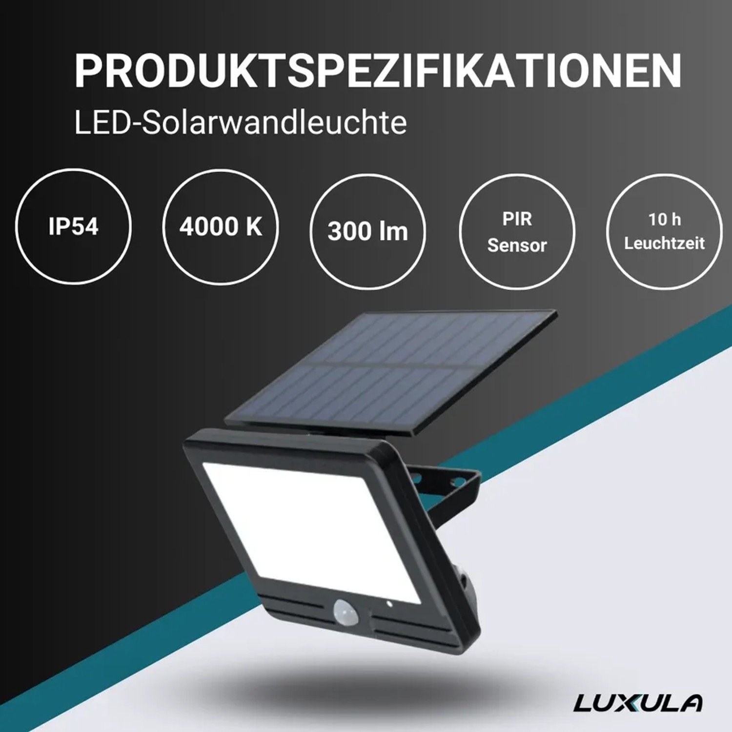 Schwarze LUXULA LED Solar Wandleuchte mit Bewegungsmelder und separatem Solarpanel.
