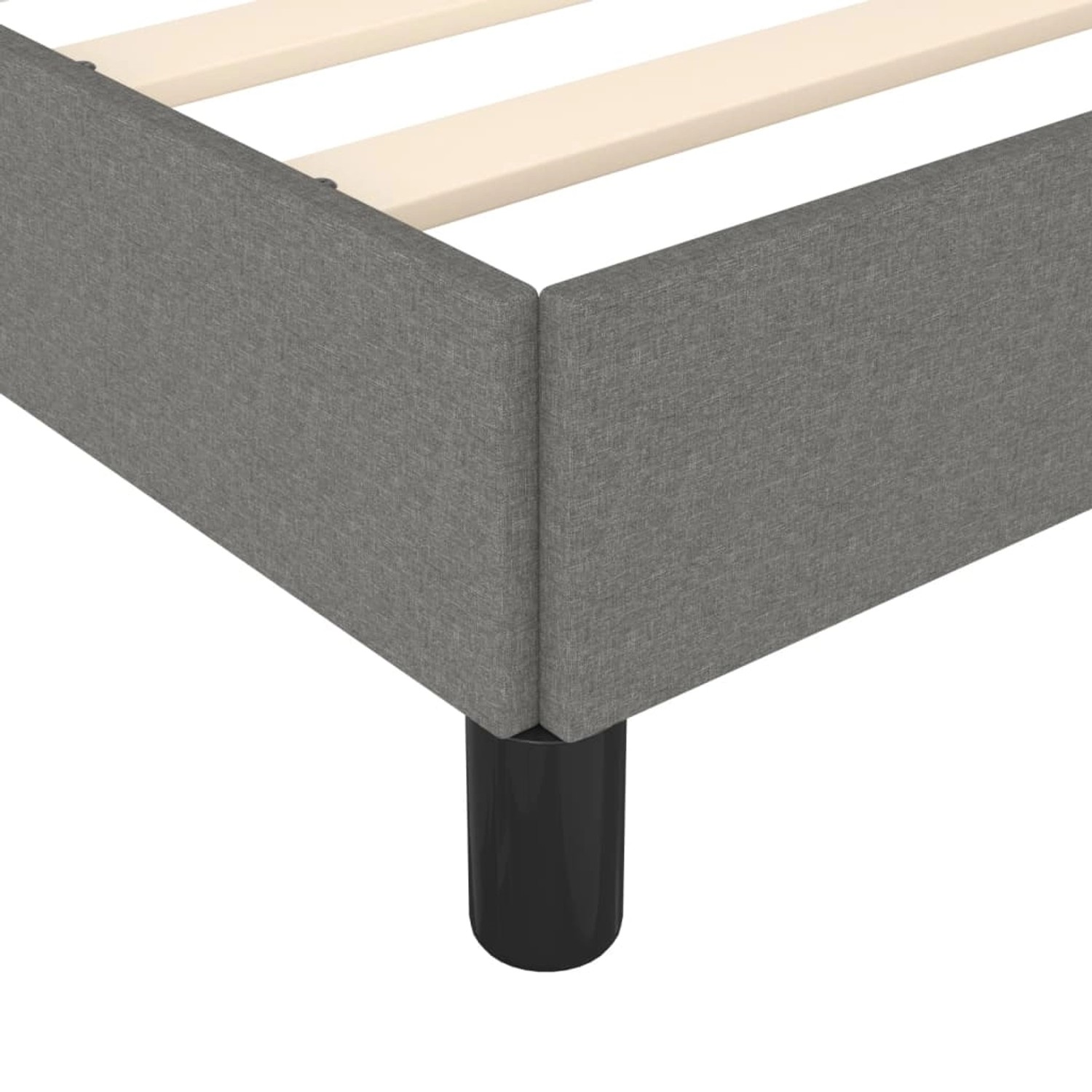 Detailansicht: Dunkelgraues Stoff-Bettgestell (120x200 cm) mit Lattenrost und schwarzen Füßen.