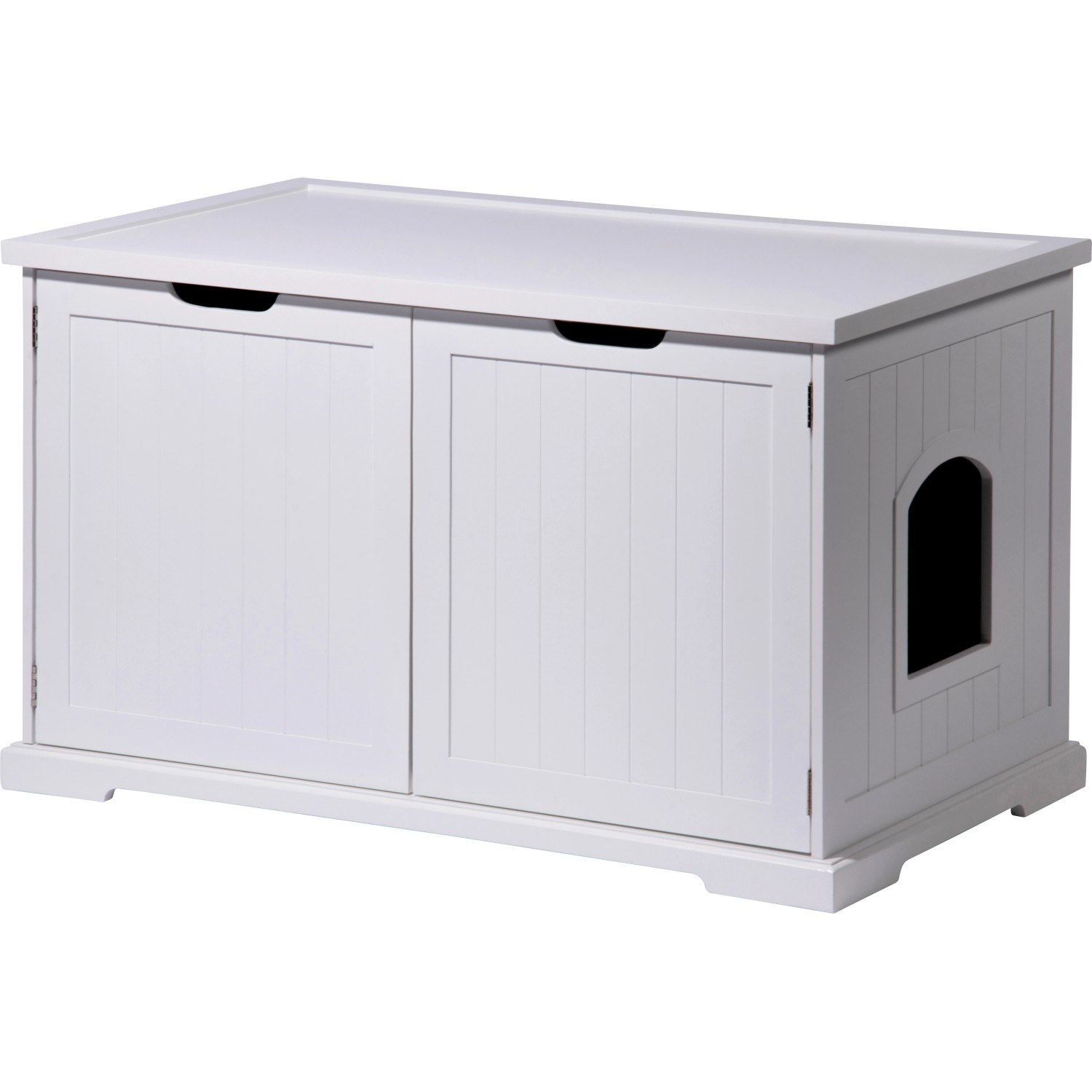 Weißer Design Katzenschrank XL mit Katzenhöhle und zwei Türen.