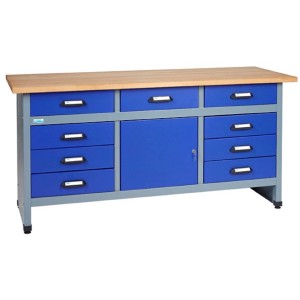 Küpper Werkbank mit 9 Schubladen und Tür, 170 cm breit, blaue Stahlkonstruktion mit Buchenholzplatte.