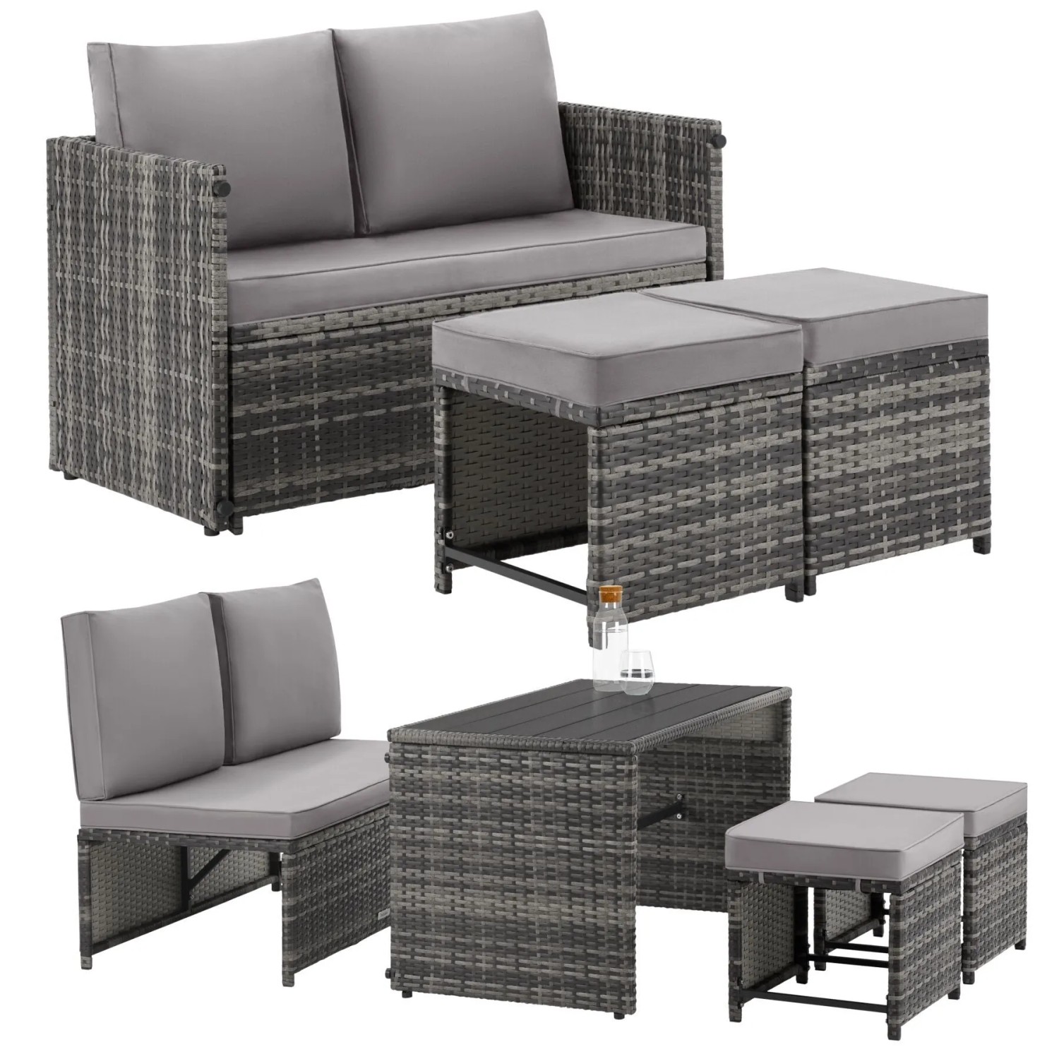 Tectake 2 In 1 Rattanlounge Set Monopoli Nutzung Als Sofa Oder Sitzgruppe Tisch Mit Lamellen In Holzoptik  110 x 60 x 61 5 cm Grau