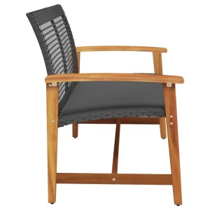 Schwarze Gartenbank aus Poly Rattan und Akazienholz, 112 cm breit.