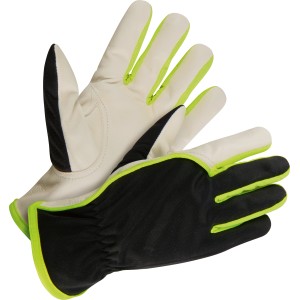 Gartenhandschuhe aus Ziegenleder, Größe 8/M, schwarz-beige mit grünem Saum.