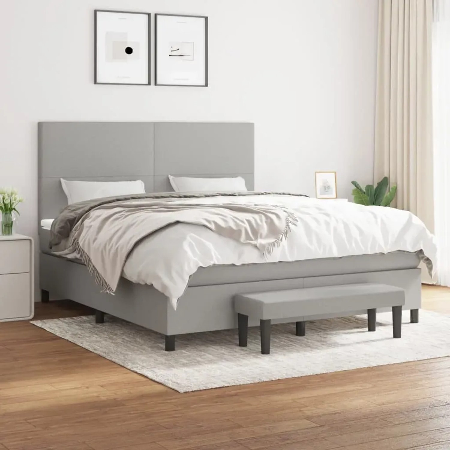 Hellgraues vidaXL Boxspringbett (160x200 cm) mit Matratze und Bank, Stoffbezug.