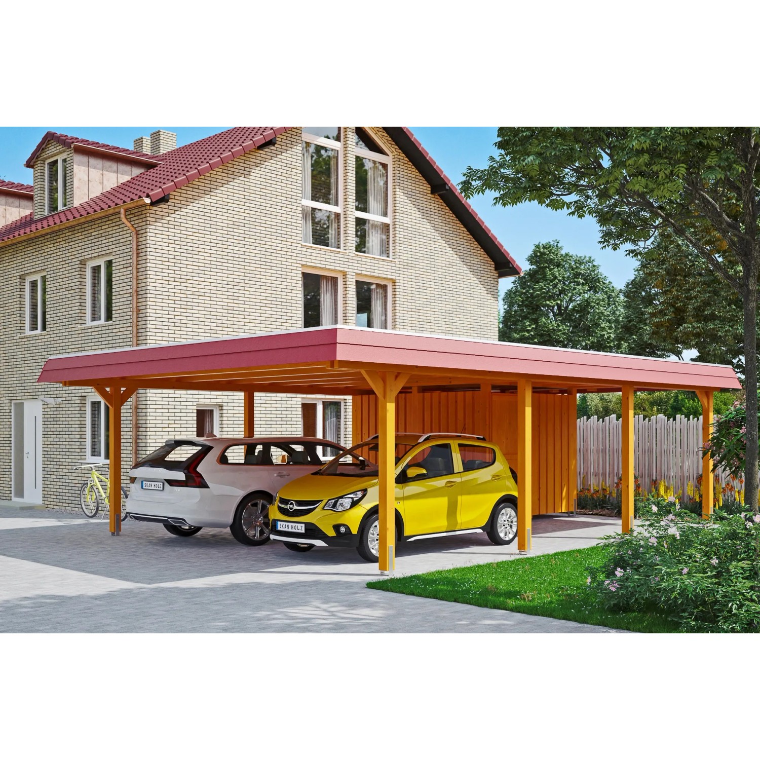 Skan Holz Doppelcarport Wendland Eiche hell mit Anbau und zwei geparkten Autos.