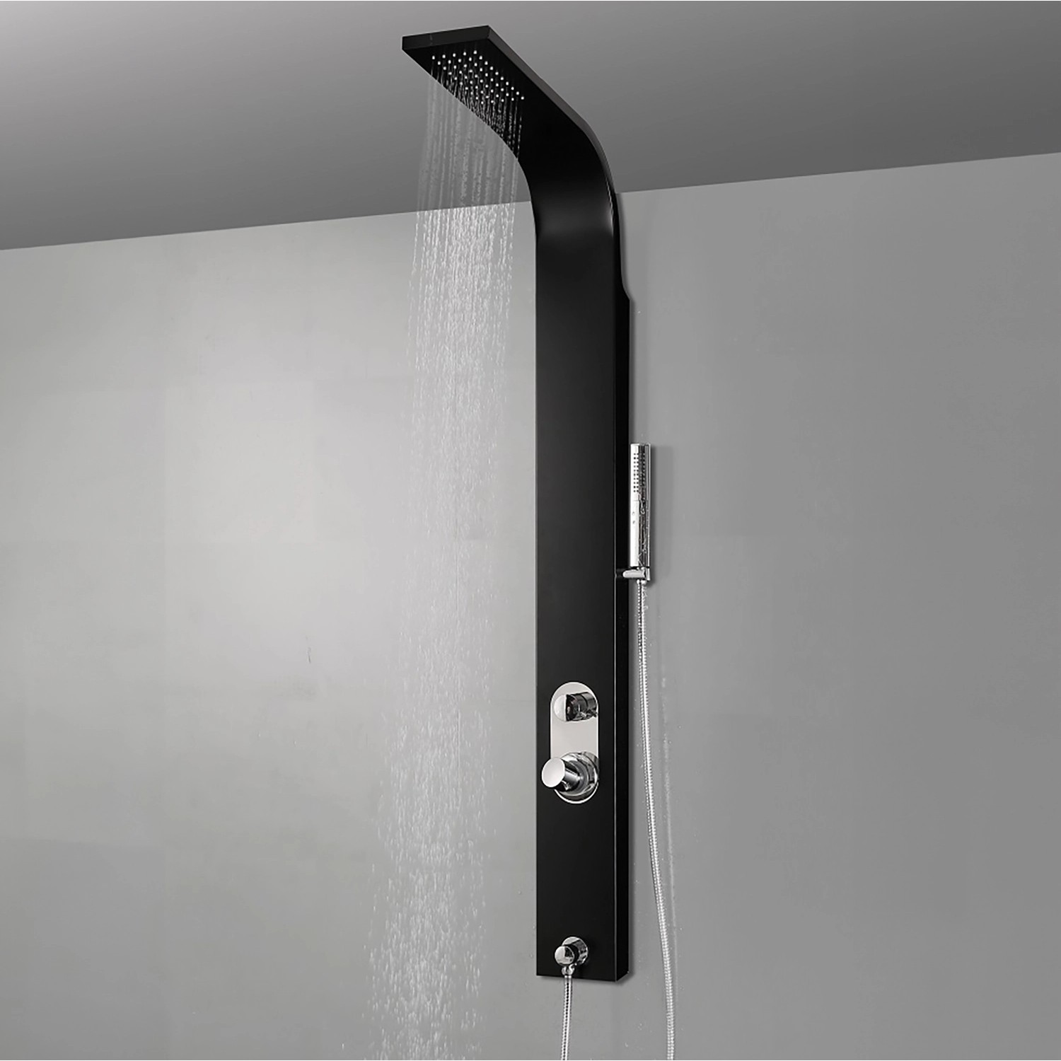 Schwarzes Duschsystem Venice aus Edelstahl mit Kopf- und Handbrause.