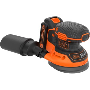 Black+Decker Akku-Exzenterschleifer BDCROS18 mit Akku und Staubfangbehälter.
