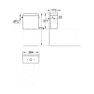 Technische Zeichnung Grohe Aufsatz-Spülkasten Euro Keramik, Alpinweiß, mit seitlichem Zulauf und Maßen.
