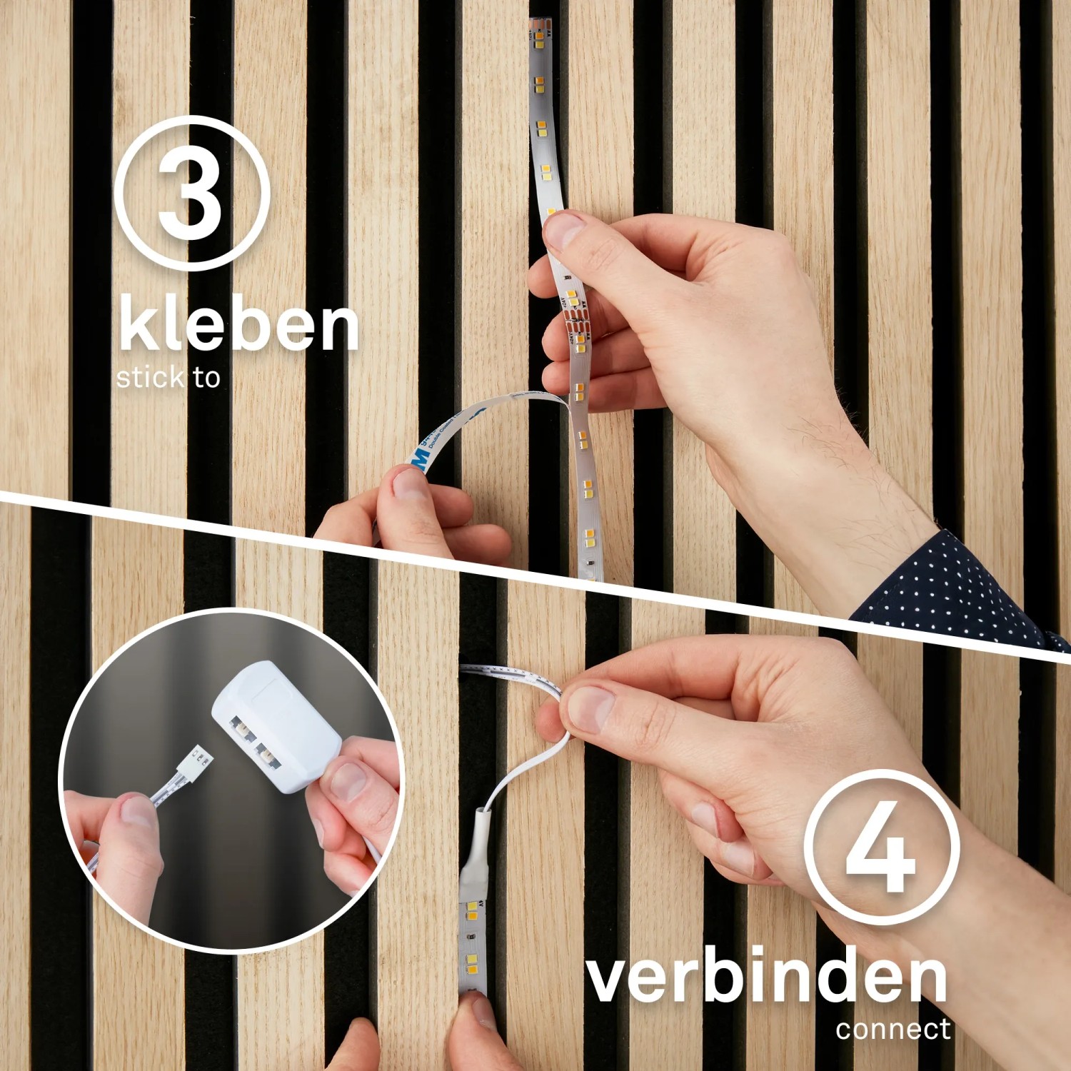Montage des Briloner LED-Bands am Paneel: Kleben und Verbinden des warmweißen Licht-Sets.
