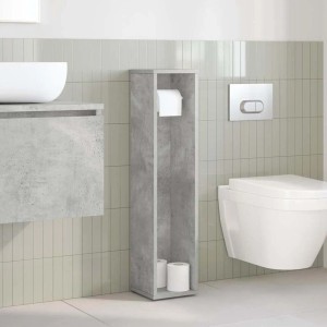 Schmaler, hoher Badezimmerschrank in Betongrau mit integriertem Toilettenpapierhalter und Stauraum.