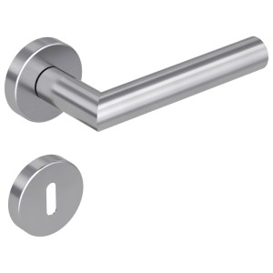 Novadoors NOVA MIO 120 Türgriffgarnitur aus mattem Edelstahl, L-Form, mit runder BB-Rosette.