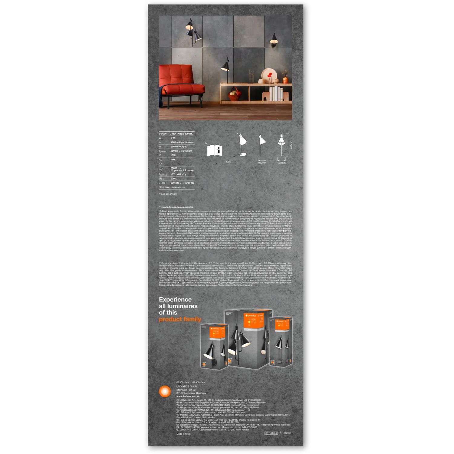 Ledvance LED-Tischleuchte Decor Tokio, schwarze Design-Tischlampe (44cm) für Wohnzimmer und Büro.