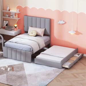 Graues Polsterbett 90x200cm mit ausziehbarem Gästebett und drei Schubladen in einem Kinderzimmer.
