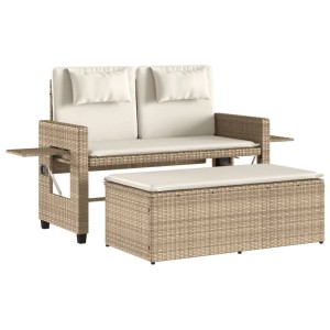 Verstellbare, beige furnicato Gartenbank aus Polyrattan mit Kissen und Hocker.