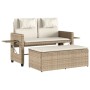 Verstellbare, beige furnicato Gartenbank aus Polyrattan mit Kissen und Hocker.