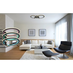 Moderne, dimmbare LED-Deckenleuchte Marian, 2-flammig, schwarz matt, mit RGB-Farbwechsler im Wohnzimmer.