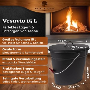 Schwarzer Ascheeimer Vesuvio 15L mit Deckel für Kamin & Grill. Feuerfest, robust und pulverbeschichtet.