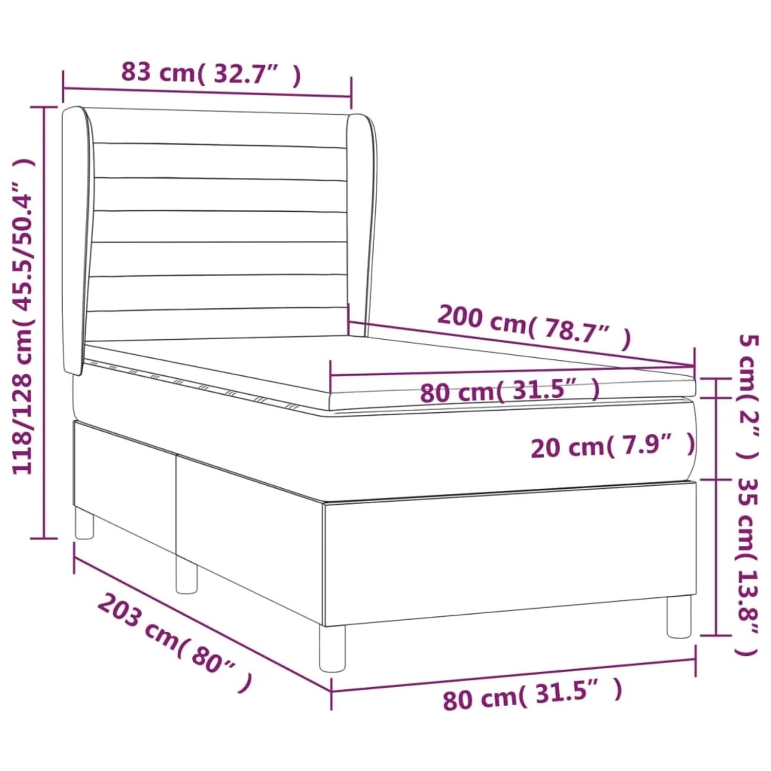 vidaXL Boxspringbett hellgrau, 80x200 cm, Stoff. Bett mit Matratze, Topper und Kopfteil. Schemazeichnung mit Maßen.