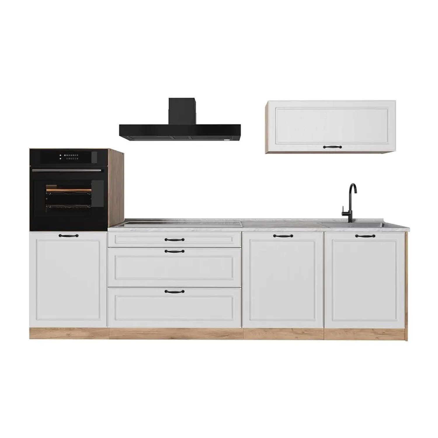 Vicco Küchenzeile R-Line Weiß Landhaus/Goldkraft Eiche 280 x 143 Arbeitsplatte Marmor Art Nr 67988