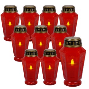 10 rote LED Grabkerzen mit flackerndem Licht, wetterfest, je 1000h Leuchtdauer.