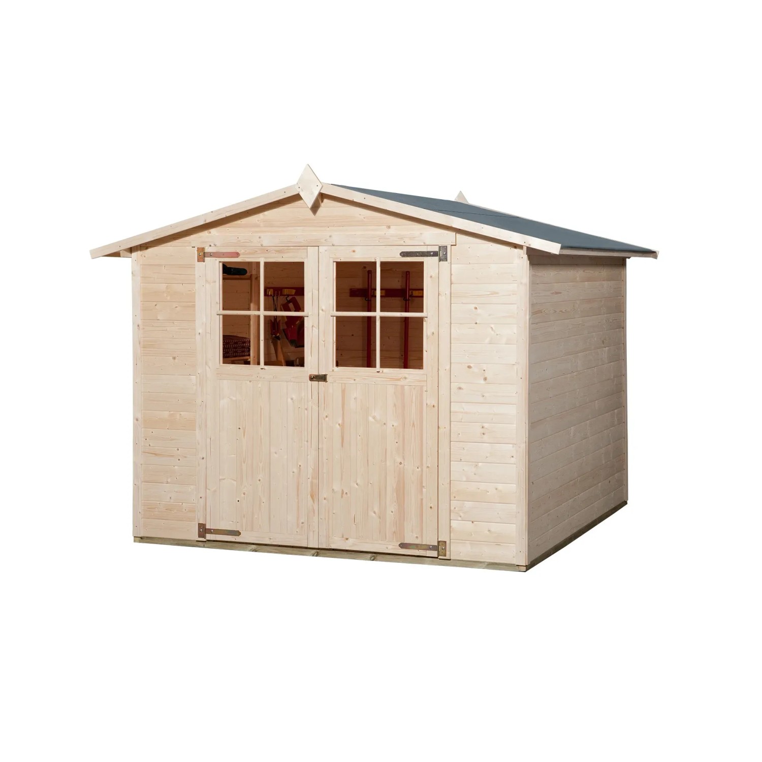 Unbehandeltes Weka Holz-Gartenhaus Parma mit Satteldach, 254x318 cm. Naturholz mit Doppeltür und Fenstern.