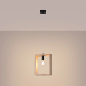 Sollux Lighting Pendelleuchte Aries mit Naturholz Rahmen und Glühbirne.