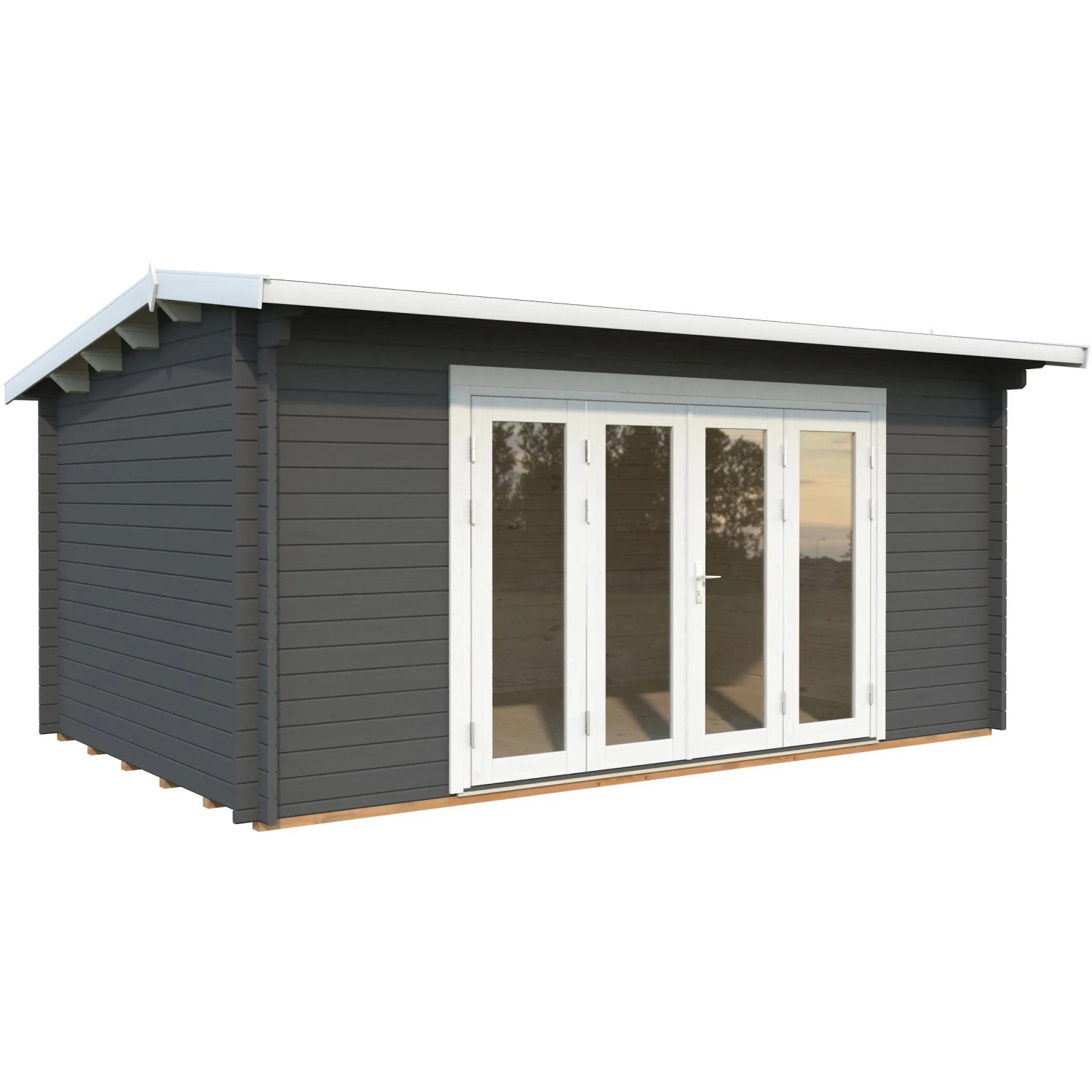 Palmako Gartenhaus Ines, dunkelgrau-weiß lackiert, mit Falttür und Fußboden. Holz-Gartenhaus aus FSC®-zertifiziertem Holz.