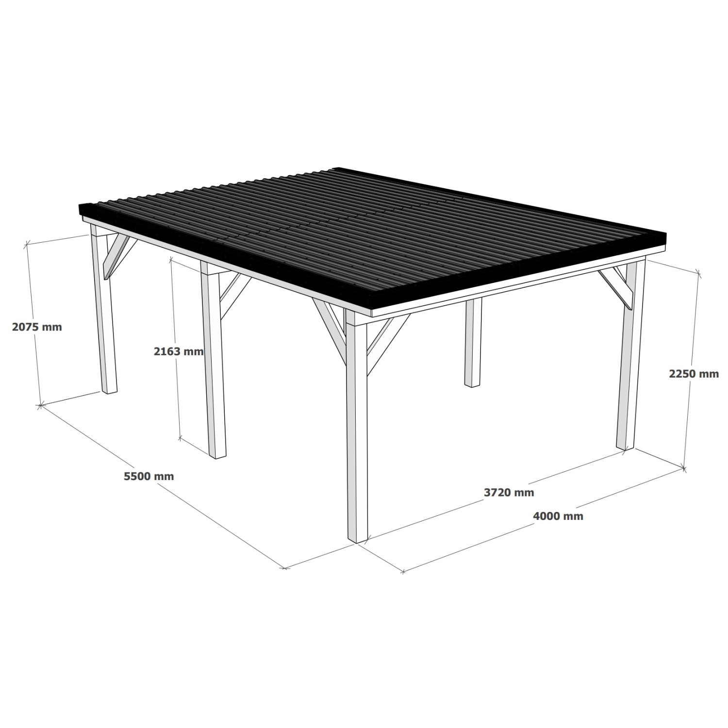Skizze Einzelcarport Ralf, reinweißes Holz, dunkelgraues Blechdach, Maße: 400x600cm.