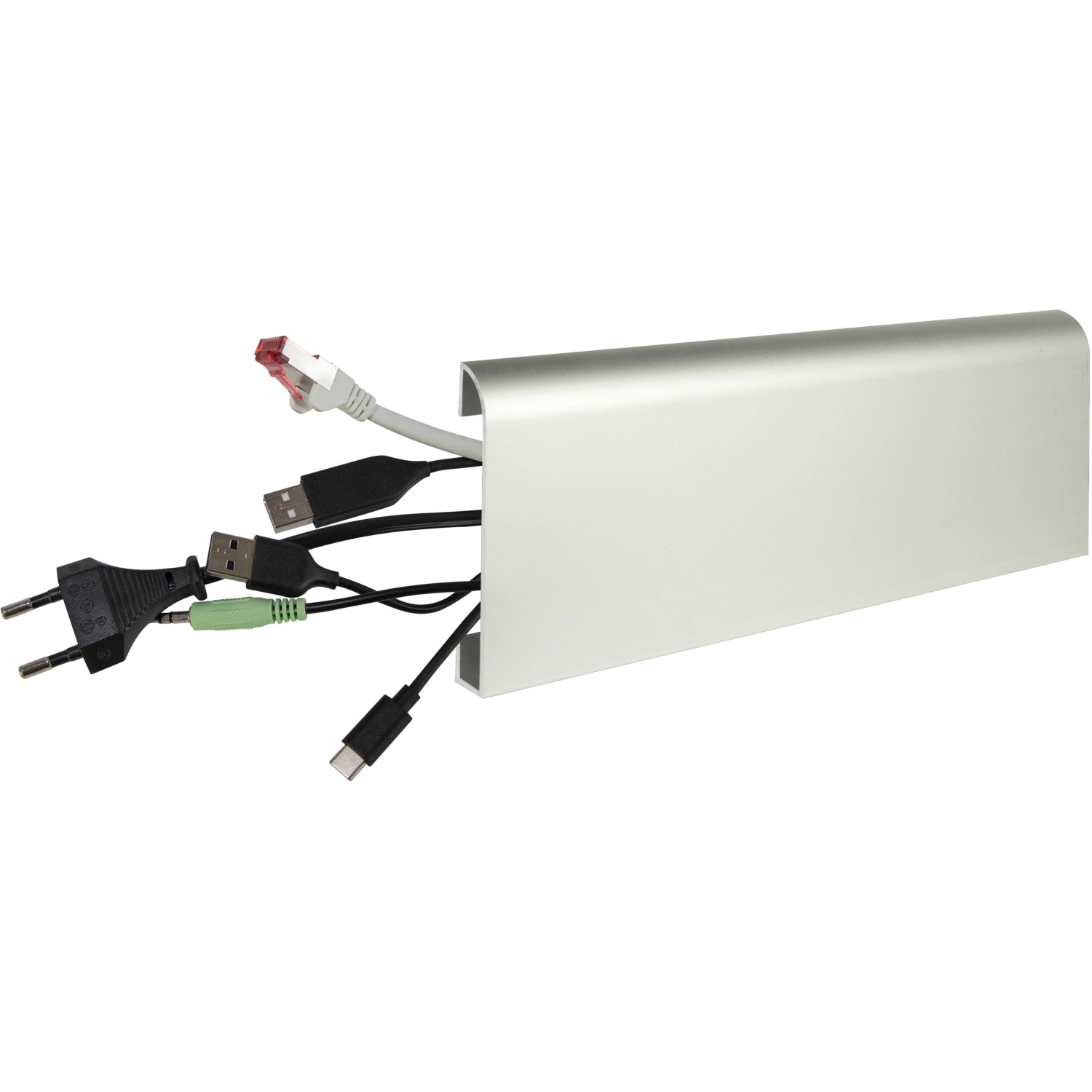 Fuchs Design Sockelleiste Alu Silber mit Kabelkanal und diversen Kabeln.