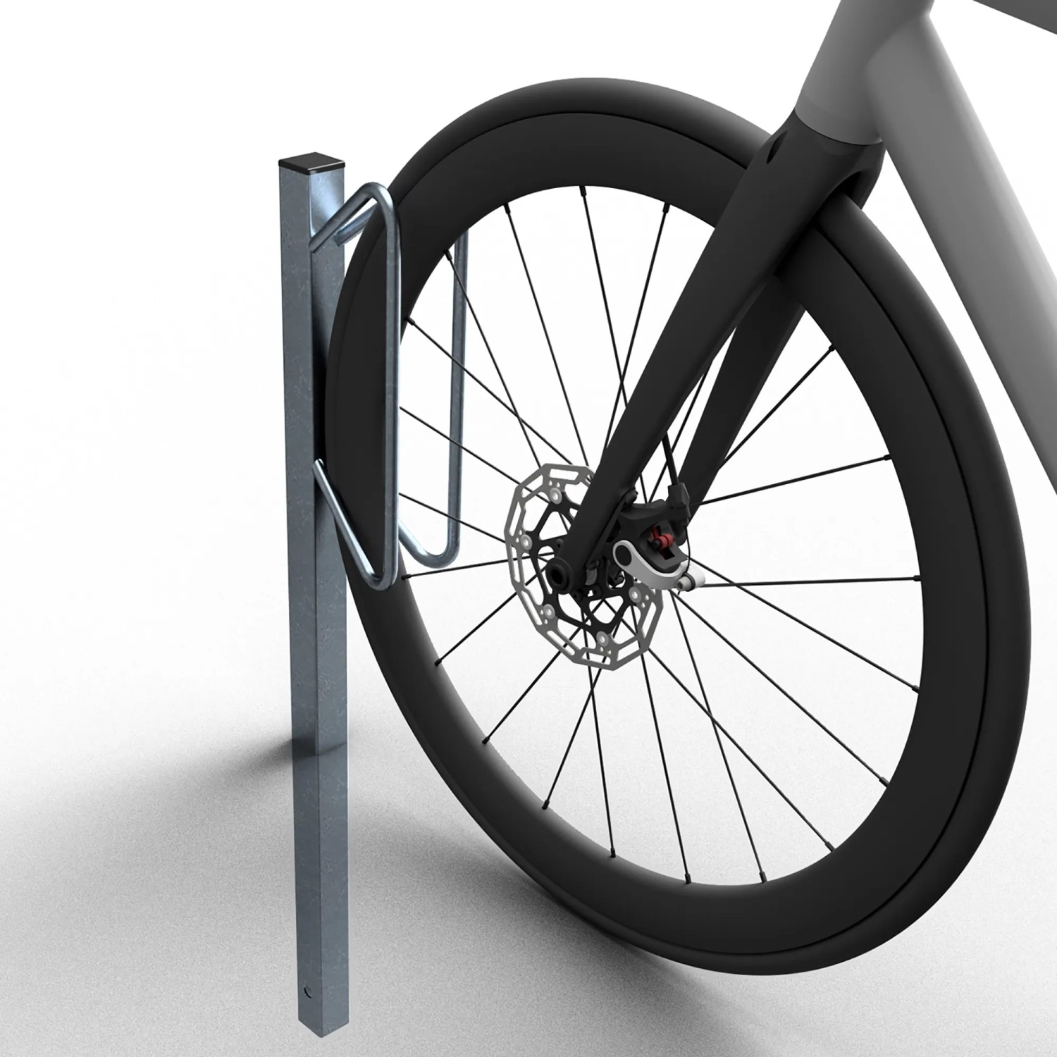 Schake Fahrradständer Einzelparker, einseitig, feuerverzinkt, mit Fahrrad im Detail.