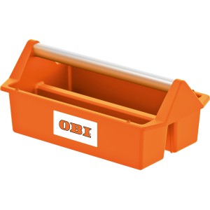 Orangefarbene OBI Werkzeugtrage aus Kunststoff mit silbernem Tragegriff und OBI Logo.