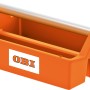 Orangefarbene OBI Werkzeugtrage aus Kunststoff mit silbernem Tragegriff und OBI Logo.