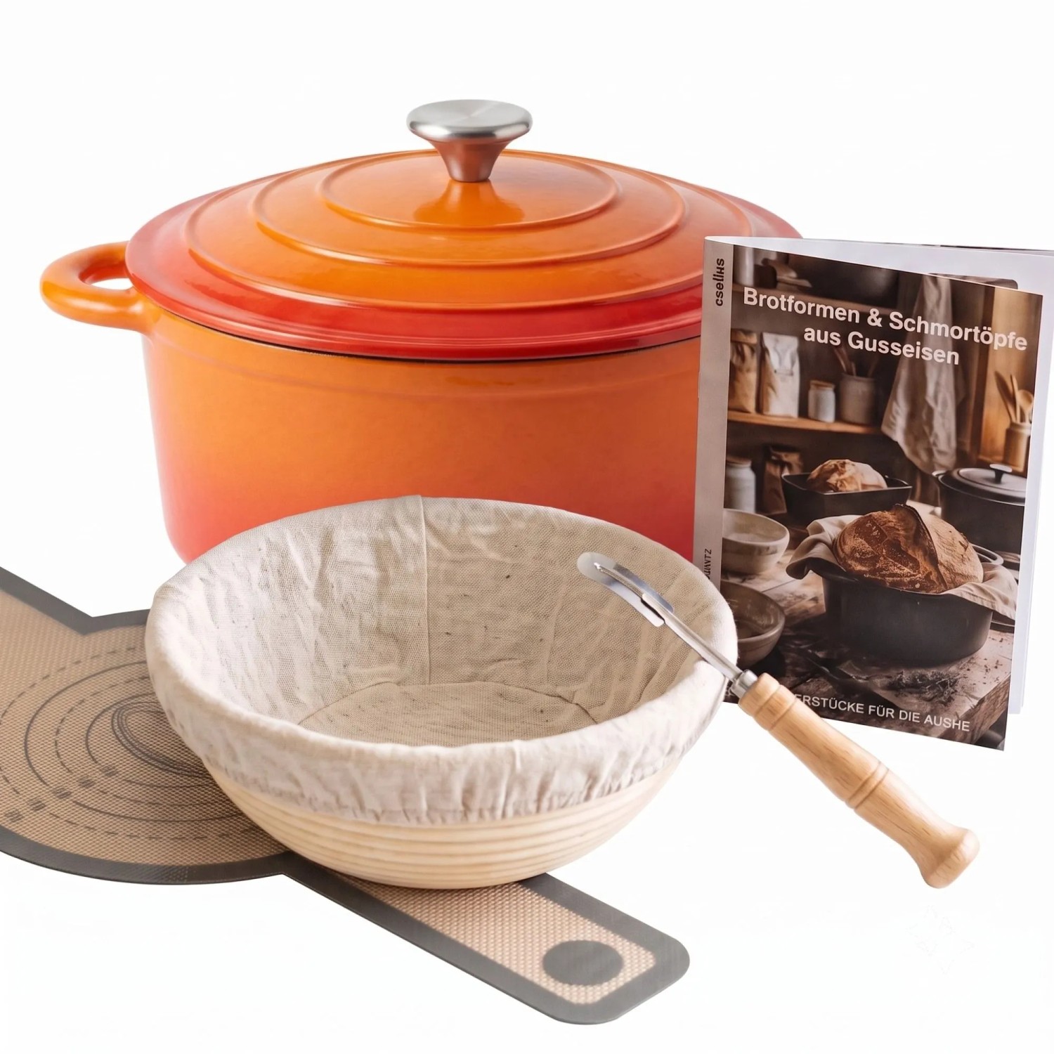 osoltus Brotback Schmortopf Set Gusseisen Topf 26cm 5,9 Liter Emaille Orange