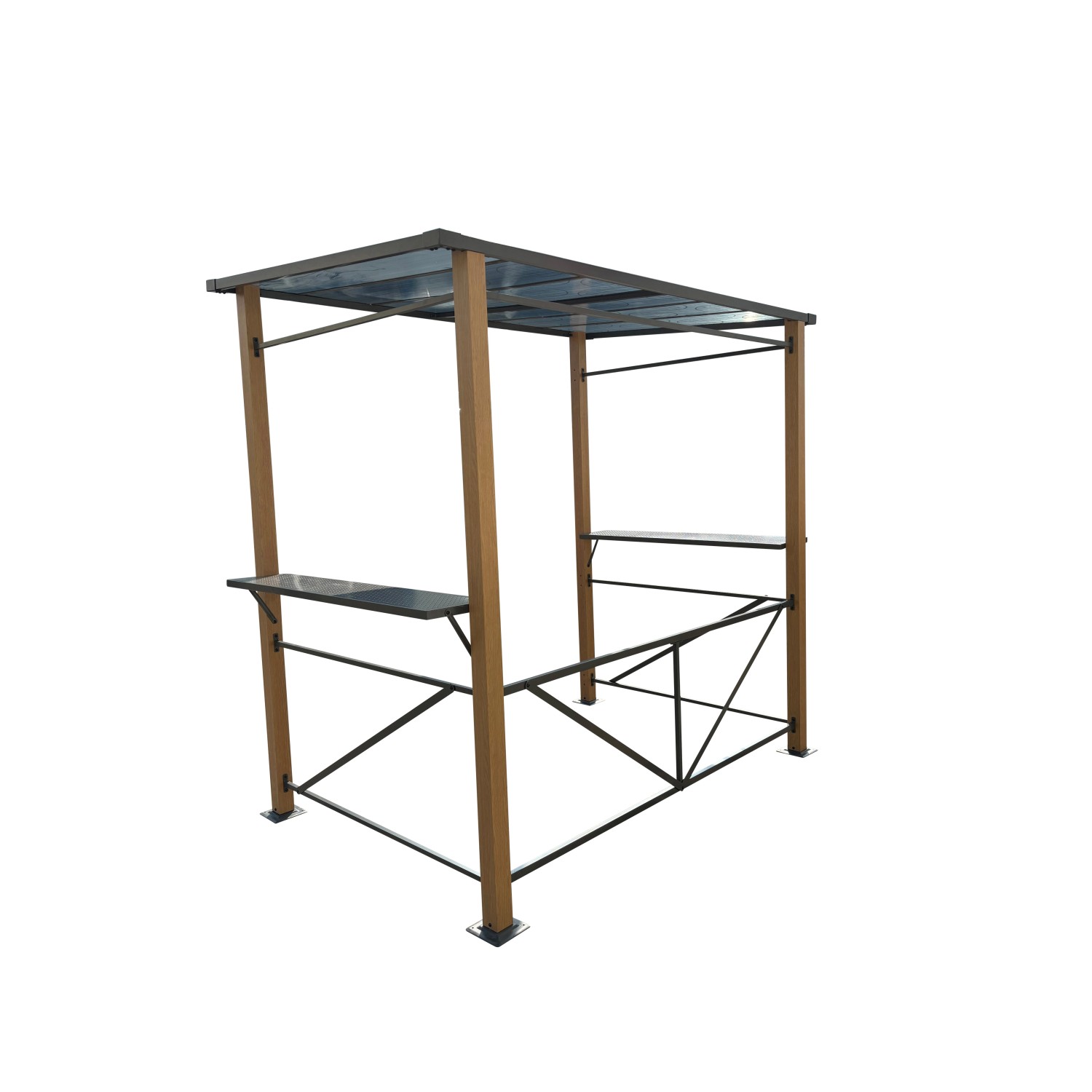 Leco Grillpavillon 2,35x1,50m in Holzoptik mit Ablageflächen und transparentem Dach.