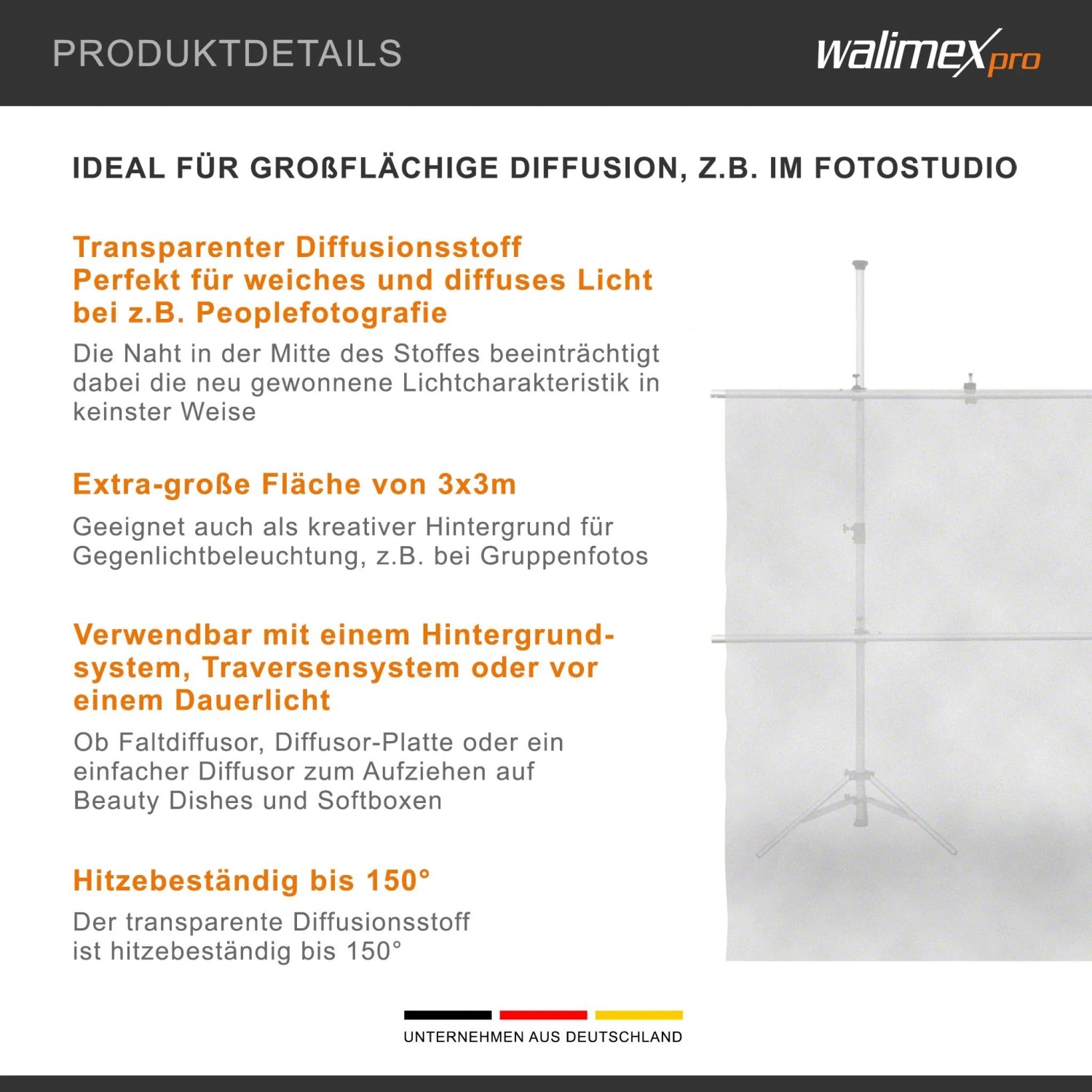 Transparenter Walimex Diffusor Stoff 3x3m auf Stativ für weiches Fotostudio Licht und Hintergrund.