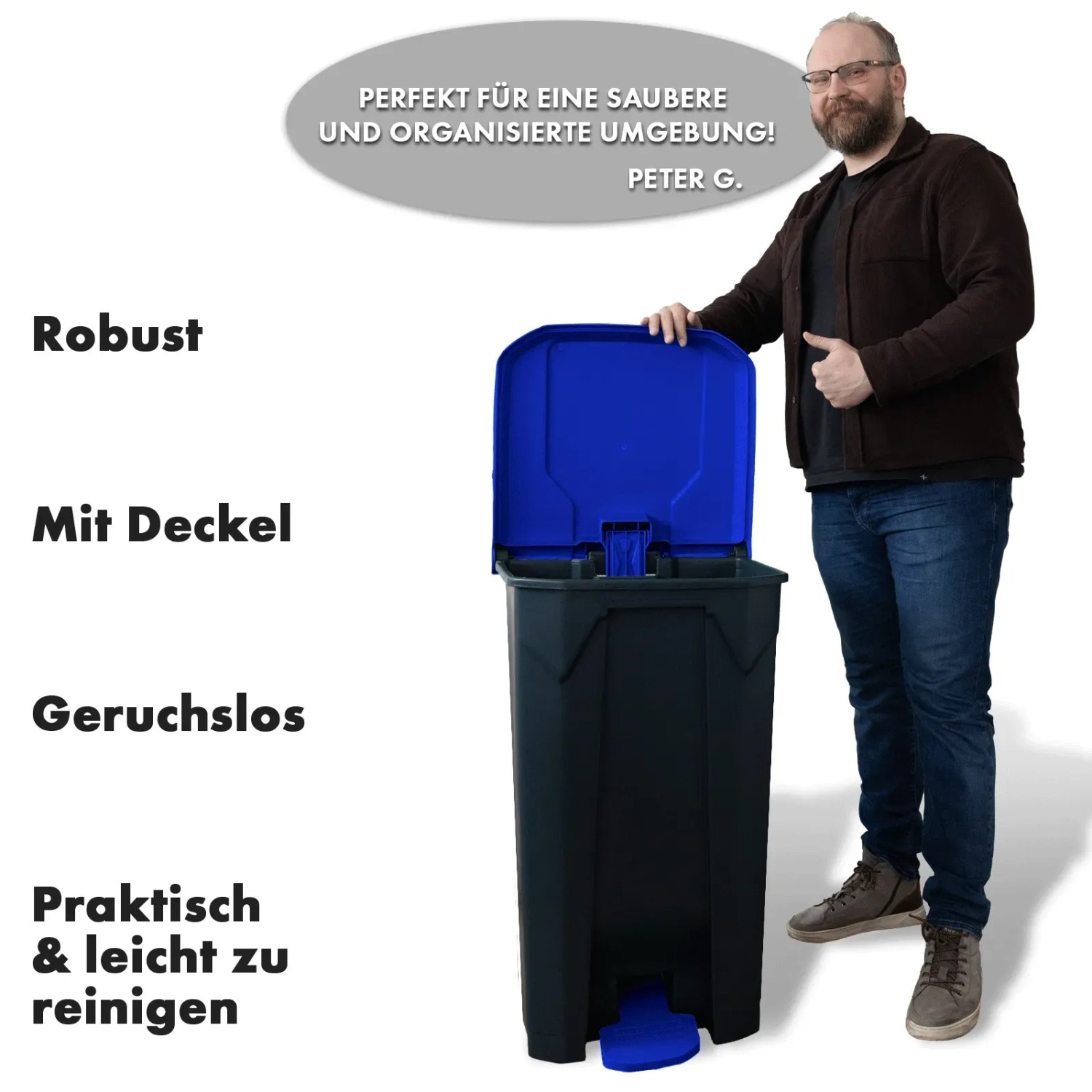 Blauer KARAT Mülleimer Olaf, 50 Liter Tretmülleimer mit Fußpedal und schwarzem Korpus.