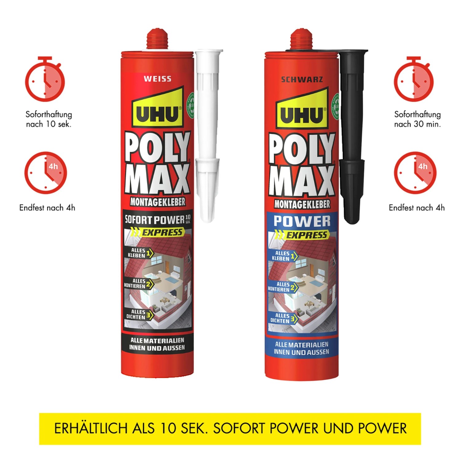 UHU Poly Max Montagekleber, weiße und schwarze Kartusche mit Aufsatz.