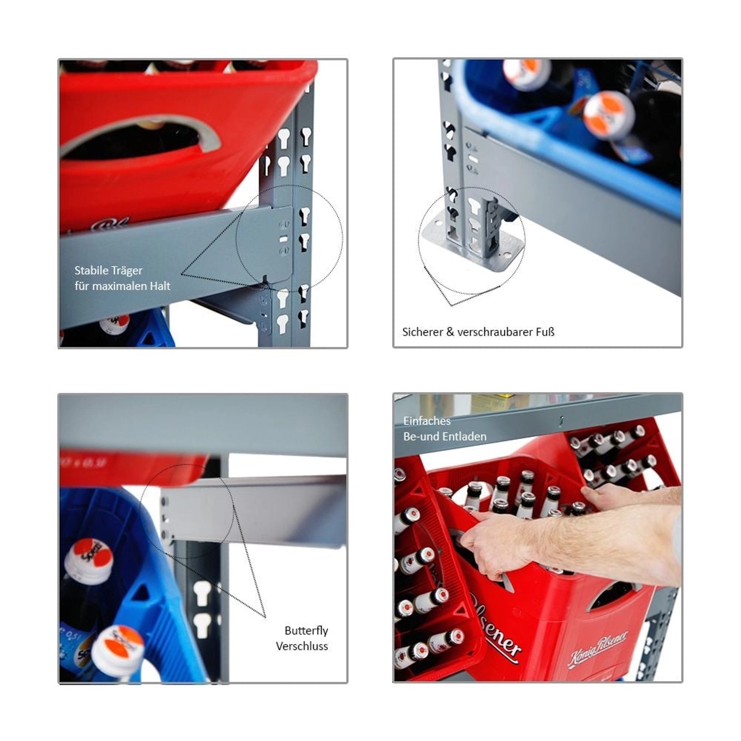 Details des PROREGAL Getränkekistenregals Tegernsee XL, grau, mit stabilen Trägern und verschraubbaren Füßen.