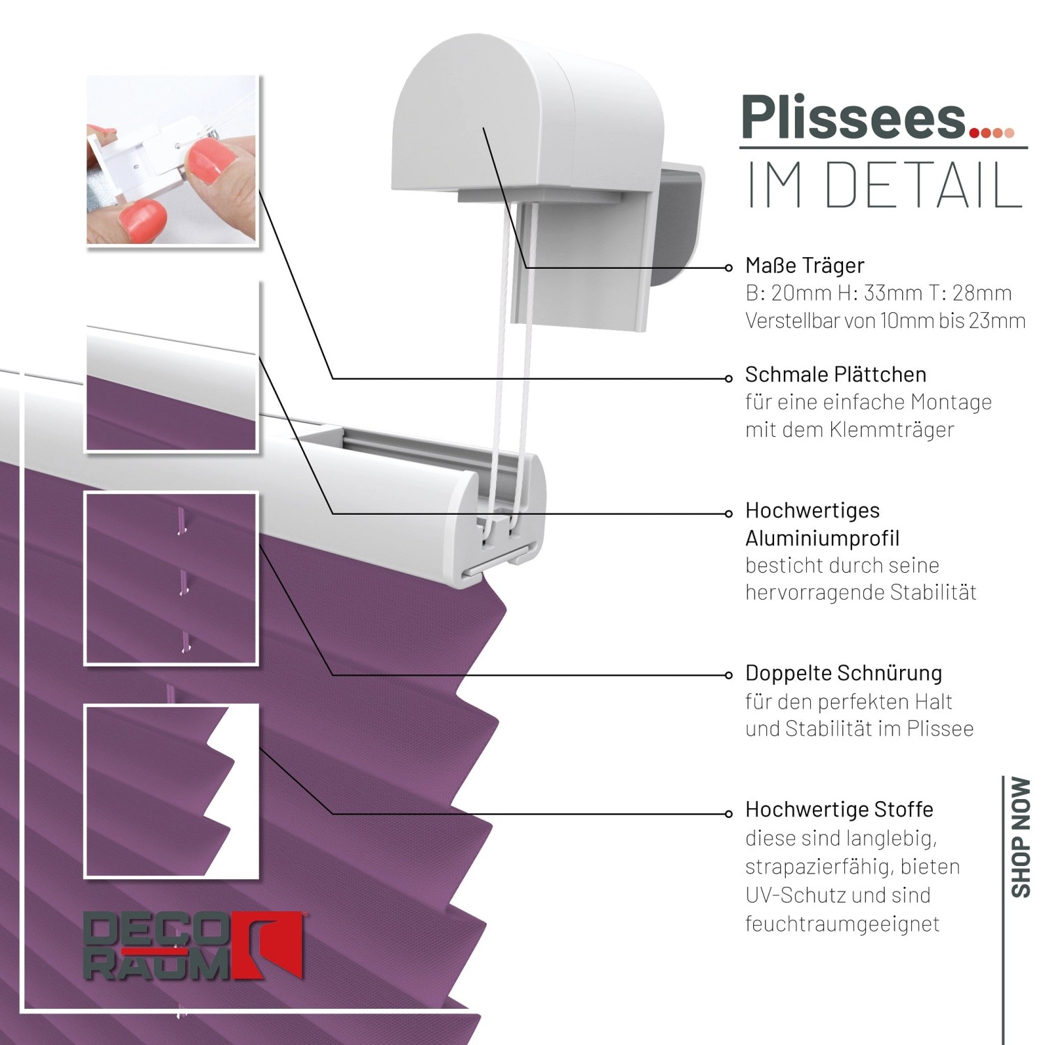 Detailansicht: Lila Plissee 95x210 cm mit Klemmfix-System für Fenster, Dekoartikel.